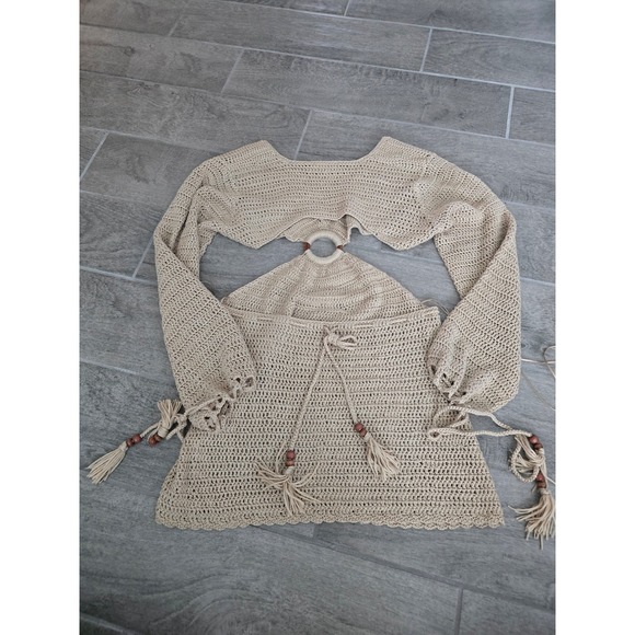 Miss Lola Crochet Mini Dress Cutout Cover Up Tassel Tie‎ S/M Bohemian Boho - Picture 6 of 6